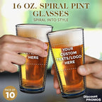 Custom Spiral Pint Glass 16 oz. Set of 10, Personalized Bulk Pack - Beer Glasses, Heavy Duty Drinkware - Blue