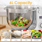 Biolomix Kitchen Electric Stand Mixer, 6 Speed Tilt Head Food Mixer with 6.5 QT Stainless Steel Bowl, Dough Hook, Flat Beater, Whisk and Anti Splash Cover (6.5 QT, Light Silver)