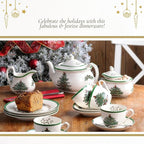 Spode Christmas Tree 5-Piece Place Setting - Festive Earthenware Tableware with Plates, Teacups, Saucers - Microwave, Dishwasher Safe - Christmas Dinnerware & Holiday Tableware