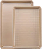 Cookie Sheets for Baking Nonstick, 2 Pack Heavy Duty 0.8mm Baking Sheet Pan Set Quarter(9x13in) & Jelly Roll(10x15in) with Diamond Texture, Gold Commercial Grade, Small Oven Safe