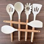 Kitchen Cooking Utensils Set 6Pcs Non-Stick Silicone Kitchen Utensils Spatula Spoon Turner Ladle Pasta Server, Heat Resistant Wooden Handle Silicone Cooking Gadgets Sets for Cookware & Baking