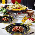 bUCLA 150 Pieces Black and Gold Disposable Dinnerware Set - 25 Guests Black Gold Plastic Plates Include 25 Dinner & 25 Dessert Plates, 25 Spoons, 25 Forks, 25 Knives, 25 Cups for Party & New Year