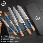 5 Piece Damascus Knife Set, Professional Japanese Knife Set with Japanese VG 10 Steel Core, Blue Resin Handle, Includes Chef, Santoku, Bread, Boning & Paring Damascus Knives in Gift Box