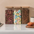 64oz Rectangle Airtight Glass Storage Containers with Bamboo Lids (Set of 3), Square Food Storage Jar, Pantry Organizers for Cereal, Flour, Pasta and Coffee beans (‎with Black Lable)