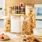Multi Size - 5 Pack Square Glass Jars with Bamboo Lids, Glass Food Storage Containers with Airtight Lids for Kitchen, Air Tight Pantry Storage Containers for Cereal, Pasta, Rice, Sugar, Coffee, Spice
