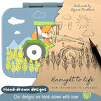 BEARFOOT Kids Lunch Box with Compartments – Compact & Lightweight | Leak-Proof, BPA-Free, Dishwasher & Microwave Safe | Hand-Drawn Design for Preschool, School, Travel (Tractor Fox Blue, 2.75 Cups)