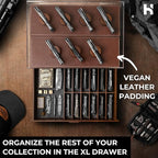 Premium Pocket Knife Display Case for 30 Knives - Large Wooden Knife Organizer, Storage & Holder with Unique Pillars, Hinged Cover, Drawer - Knife Collection Box - Handcrafted for Men