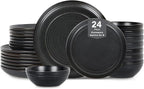 Stone Lain Elio 24-Piece Dinnerware Set Stoneware, Plates and Bowls Set, Dish Set for 8, Black