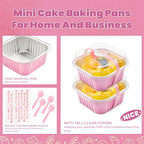 50 Pcs Mini Cake Pans with Lids and Spoons Aluminum Foil Mini Square Baking Cups with Lids Disposable Ramekins Cake Pans Dessert Cups for Wedding Birthday Party(Pink,5oz)