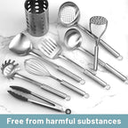 Pleafind Stainless Steel Cooking Utensils Set, 9 Pcs Heat Resistant Kitchen Utensils Set, Nonstick Kitchen Tools Set With Utensil Holder, Metal Spatula Set for Chef, Dishwasher Safe