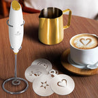 ZK Milk Frother Pitcher Stencil Stirrer Set - White Gold
