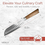 MOELLE Premium Teak Wood Damascus Santoku Knife 7” Blade - VG10 Japanese Damascus Steel 67 Layers, 60+ HRC - Danish Design Kitchen Knife with Elegant Gift Packaging