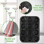 NutriChef Muffin Pans for Baking 4-Pack | Nonstick 12 Mold Cupcake Tins | Carbon Steel Stackable Cup Cake Trays | Dishwasher & Oven Safe | Includes 200 Parchment Paper Liners | 13 x 10 x 1 | Black