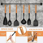Large Silicone Kitchen Utensils Set, 6 PCS Nonstick Cooking Utensils Set with Wooden Handle, Heat Resistant and BPA Free Silicone Utensil Spatula Set for Cooking with Turner, Spoon and Ladle(Black)