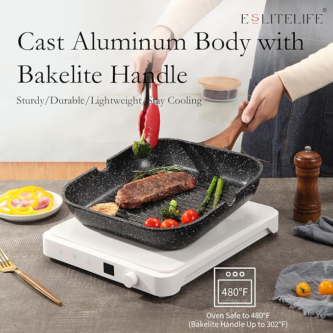 ESLITE LIFE 9.5 Inch Nonstick Grill Pan with Lid for Indoor Cooking, Versatile Induction Square Large Grilling Skillet Steak Pan for Stove Tops, PTFE & PFOA Free, Black