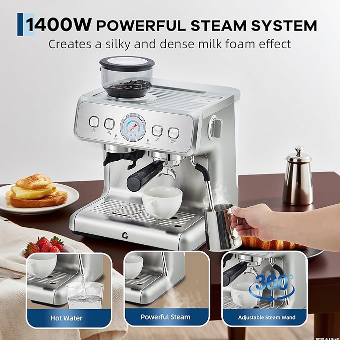 Garvee 20 Bar Pressure Stainless Steel Espresso Machine with Grinder, 2.8L Removable Water Tank, Milk Frother Steam Wand for Latte/Cappuccino - Adjustable Shot Volume, Professional Home/Office Use