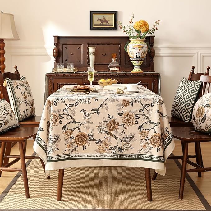 ISAENNE Designer Vintage Linen Extra Long Tablecloth Rectangle,Floral and Bird Pattern Elegant Table Cloth,Fall Wrinkle Resistant Decor Tablecloths for Dining Kitchen Christmas,67"*118"-Murad A