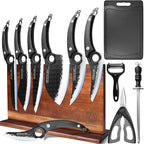 XYJ Authentic Since 1986,Kitchen Knife Block Set,High Carbon Steel Blades,Knives Set with Wooden Magnetic Knife Block,Sharpening Steel,Cutting Board,Cleaver Slicing Knife,Wood Handle