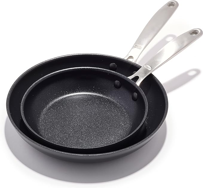 OXO Enhanced 8" and 10" Frying Pan Skillet Set, Healthy Ceramic Nonstick, PFAS-Free, Stainless Steel Handle, Dishwasher Safe, Oven Safe, Black