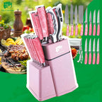 FULLHI 14pcs Block Knife Set, Chef's Knife Steak Knives Set with Block and Sharpener, Kitchen Knife Set, Multi-colour Handle, Gifts for Men Women
