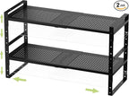 Expandable Stackable Aadjustable Shoe Rack Pantry Shelf for Kitchen Cabinets Counter Shelves Countertop Cupboard Storage Solution,Sturdy Heavy-Duty Metal Construction(2Packs/Black/Medium)