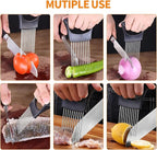 1PC Onion Holder for Slicing, Upgraded Stainless Steel Onion Slicer Holder with Ergonomic Handle, Tomato Cutter, Vegetable Slicing Tool, Meat Tenderizer, Kitchen Food Cutting Gadget