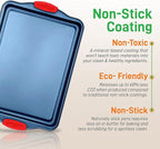 NutriChef 3-Piece Nonstick Cookie Sheets for Baking - Premium Carbon Steel Baking Trays w/ Non-Stick Smooth Coating & Silicone Handles - Large, Medium, & Small Bakeware - Blue