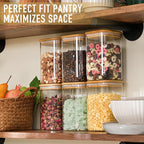 37oz Airtight Glass Square Storage Canister with Bamboo Lid Set of 4 (1100ml) Container Stackable Jar, Kitchen Canister for Pantry Noodles, Flour and Coffee beans (‎with Black Lable)