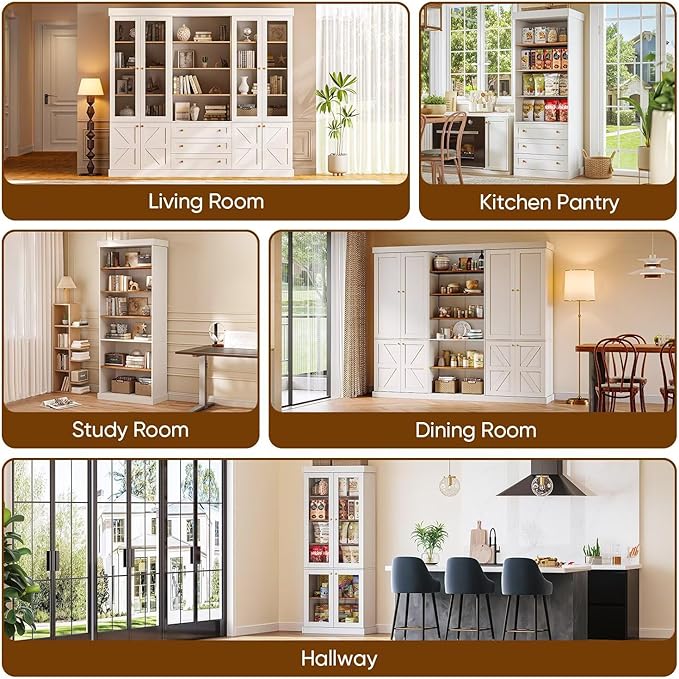 70.8" Tall Farmhouse Kitchen Pantry Cabinet with Glass Doors, Modular Wooden Storage Hutch with 6-Tier Adjustable Shelves for Kitchen or Living Room, White, Set of 2