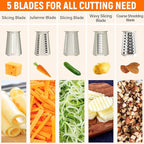 Rotary Cheese Grater Hand Crank with 5 Interchangeable Blades, Vegetable Slicer Chopper for Fruit Vegetable Nuts, Mandoline Slicer for Kitchen with Blades Rack & Suction Base, White
