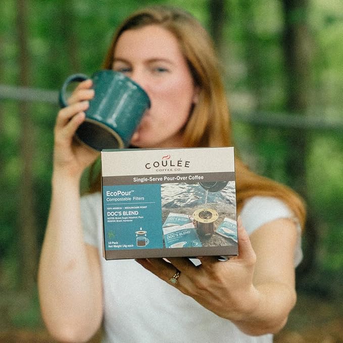 Coulée EcoPour O.G. Coffee, All Paper Single Serve Colombian Coffee, Medium Roast, Use for Camping or Traveling, Pre Filled Compostable Filters, Ready to Brew with Hot Water, Plastic Free, 10 Pack