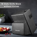 18-Slot Kitchen Knives Block, WELLSTAR Large Capacity Natural Wooden Knife Holder without Knives – Modern Hard Wood Counter-top Knife Storage with Built-in 2-Stage Knife Sharpener - Black