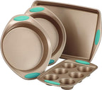 Rachael Ray Cucina Bakeware Set Includes Nonstick Cake Cookie Baking Sheet and Muffin Cupcake Pan, 4 Piece, Latte Brown with Agave Blue Grips