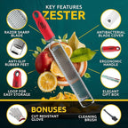 Lemon Zester & Parmesan Cheese Grater - Premium Citrus Zester Graters For kitchen W Stainless Steel, For Chocolate, Garlic, Ginger, Nutmeg, Fruits, Vegetables - Bonus Cleaning Brush & Glove