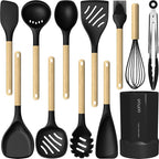 Silicone Cooking Utensils Set, 446°F Heat Resistant Silicone Kitchen Utensils for Nonstick Cookware, Kitchen Gadgets Spatula Set, Spoon, Turner, Tongs, Ladle, Whisk, BPA FREE (Black)