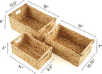 Greenatural Water Hyacinth Storage Baskets Set of 3, Handwoven Rectangular Organizer with Wooden Handles, 3 Different Sizes, Nested Wicker Bins for Shelf, Bathroom, Kitchen, Office, Natural Home Decor