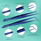 O'Creme Blue Stainless Steel Precision Kitchen Culinary Fine-Tip Tweezer Tongs, 1 Curved and 1 Straight