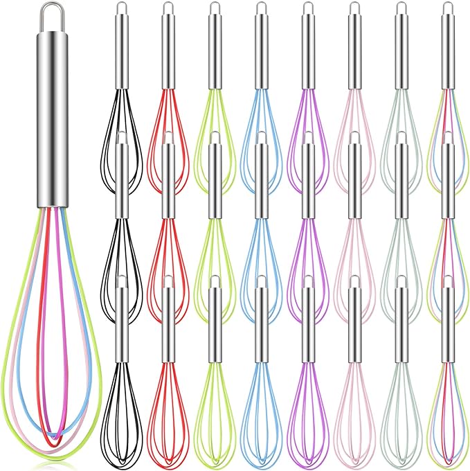 Domensi 24 Pcs 10 Inch Whisks Bulk for Cooking Silicone Whisks Non Scratch Stainless Steel Egg Beater Colorful Coated Metal Heat Resistant Egg Beaters for Mothers Day Party Favor Gift Supplies