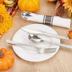 WELLIFE 400PCS Silver Plastic Silverware, Pre Rolled Silverware Set Disposable,Plastic Cutlery Includes: 100 Forks, 100 Knives, 100 Spoons, 100 Napkins, Cutlery Set Disposable
