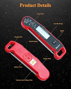 Wisebee Meat Thermometer Digital, 0.5 Sec Instant Read Waterproof Food Thermometer with 180°Auto-Rotate Backlit Display | Anti-Slip Handle | Magnetic Back | Hold Function for Cooking, Red