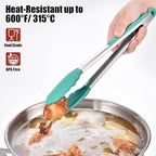 Doosu Kitchen Tongs for Cooking - 600°F Heat Resistant Food Tong Set with Non-Scratch Silicone Tips, Heavy Duty Stainless Steel Locking Tong for BBQ, Grilling Steak, Serving (7+9+12in, Aqua Sky)