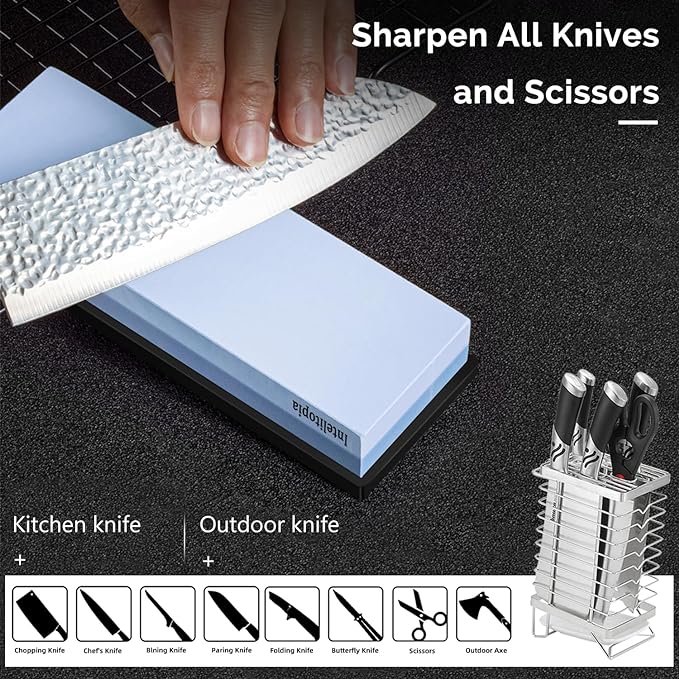 Intelitopia Complete Knife Sharpening Stone Set – Dual Grit Whetstone 400/1000 3000/8000 Knife Sharpener with Leather Strop, Flattening Stone, Bamboo Base, 3 Non-slip Rubber Bases & Angle Guide