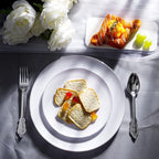 KIRE 100PCS Silver Plastic Plates - Heavy Duty White Disposable Plates with Silver Rim for Party/Wedding - Include 50Pcs 10.25inch Dinner Plates and 50Pcs 7.5inch Dessert Plates for Christmas