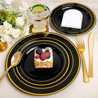 bUCLA 600PCS Black and Gold Disposable Dinnerware Set - Black Plastic Plates Disposable for Party Include 100 Dinner&100 Dessert Plates,100 Knives,100 Forks,100 Spoons,100 Cups for Party & New Year