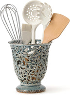 Utensil Holder for Kitchen Counter, Modern Farmhouse Cooking Utensil Holder and Crock Home Kitchen Decor, Ceramic Utensil Organizer for Spatula, Ladle, Eggbeater, Rolling Pin- Grayish Blue, Crackled