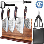 XYJ Authentic Since 1986,Kitchen Knife Block Set,High Carbon Steel Blades,Knives Set with Wooden Magnetic Knife Block,Sharpening Steel,Cutting Board,Cleaver Slicing Knife,Wood Handle