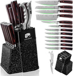 FULLHI 14pcs Block Knife Set, Chef's Knife Steak Knives Set with Block and Sharpener, Kitchen Knife Set, Multi-colour Handle, Gifts for Men Women