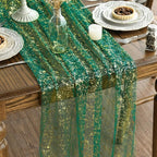 Artoid Mode 3PCS Green Gold Gauze Table Runner 120 Inch 10FT, Glitter Metallic Foil Sheer Dining Wedding Anniversary Holiday Table Decor for Home Party