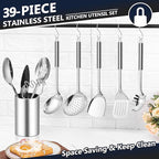 E-far Stainless Steel Kitchen Utensils Set, 39-Piece Cooking Utensils Set with Holder, Non-toxic Metal Heat Resistant Kitchen Gadgets Cookware Tool Spatula Set for Cooking, Dishwasher Safe
