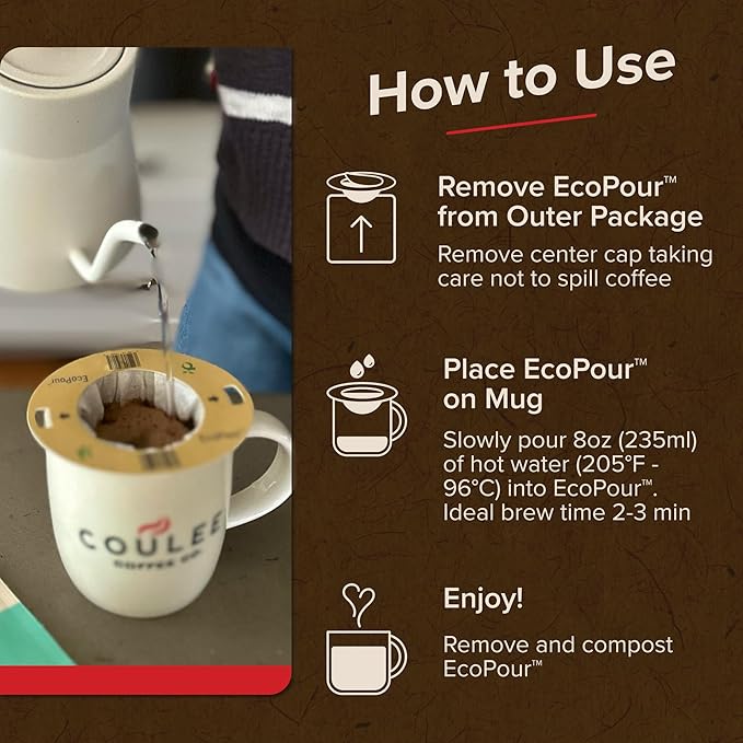 Coulée EcoPour O.G. Coffee, Single Serve Pour Over Colombian Coffee, Medium Roast, Use for Camping or Traveling, Pre Filled Compostable Filters, Ready to Brew with Hot Water, 20 Pack